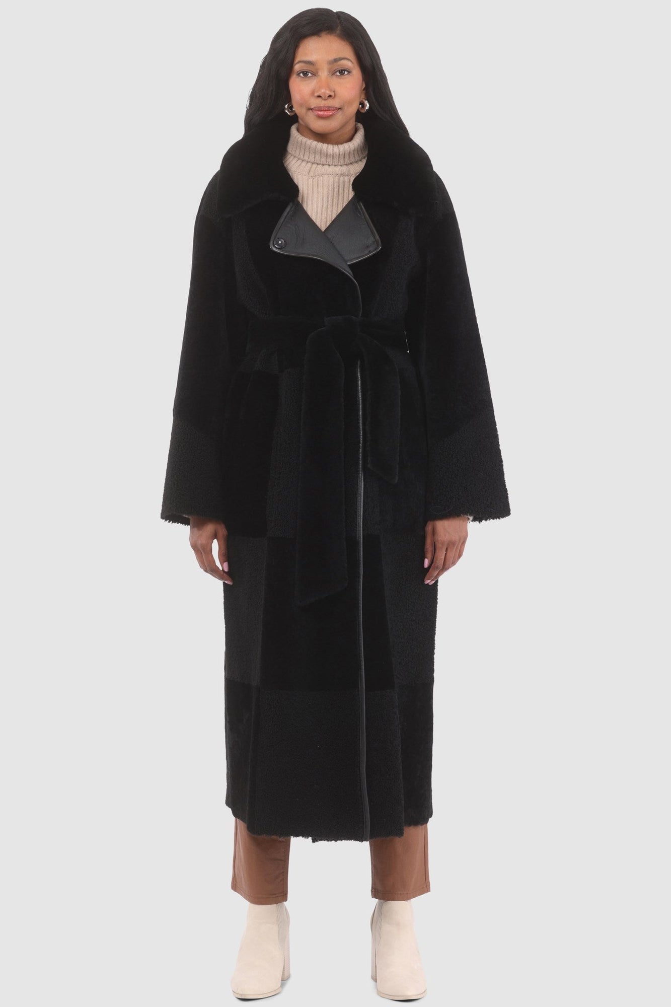 Reversible Select Shearling Lamb Coat With Notch Collar, Belt | Women | Black