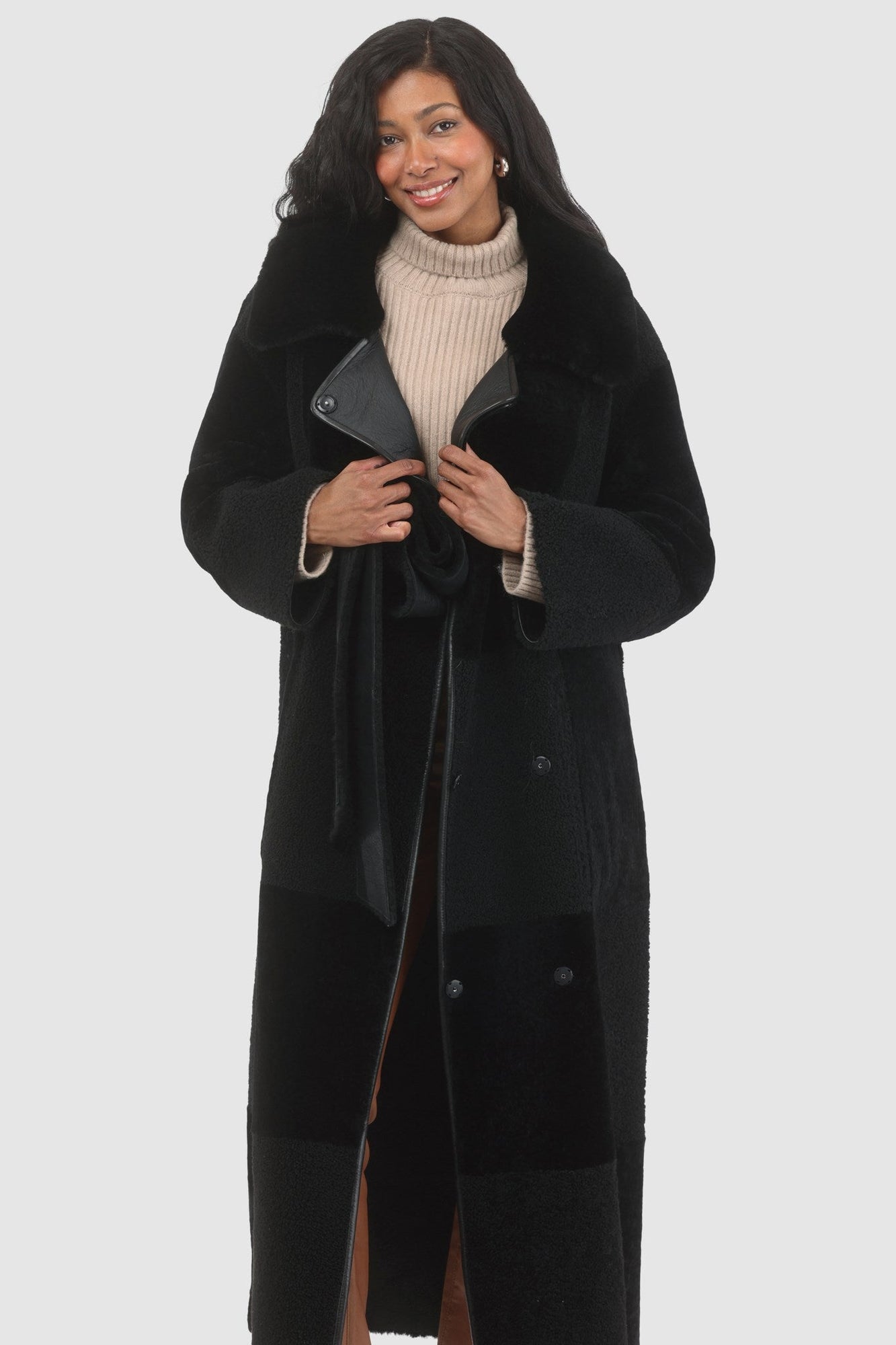 Reversible Select Shearling Lamb Coat With Notch Collar, Belt | Women | Black