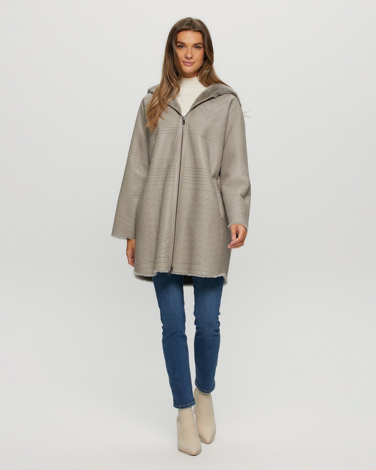 Reversible Select Shearling Lamb Parka With Grooved Pattern | Women | Light Gray