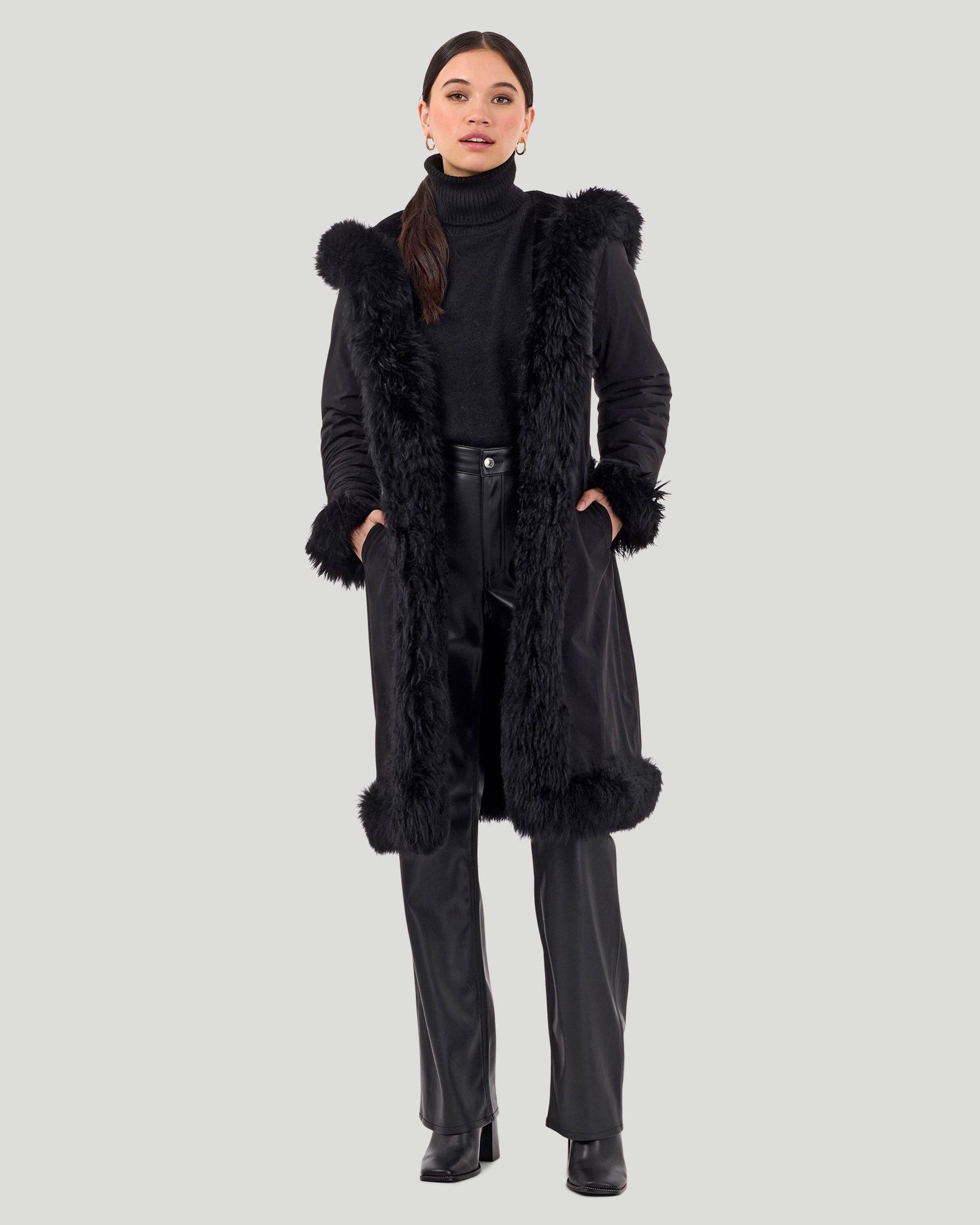 Reversible Select Shearling Lamb Parka With Long Hair Merino Trim And Belt | Women | Black x Black