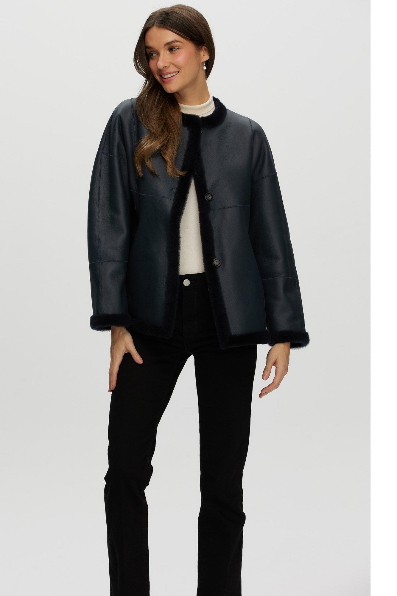 Reversible Shearling Lamb Collarless Jacket | Women | Navy