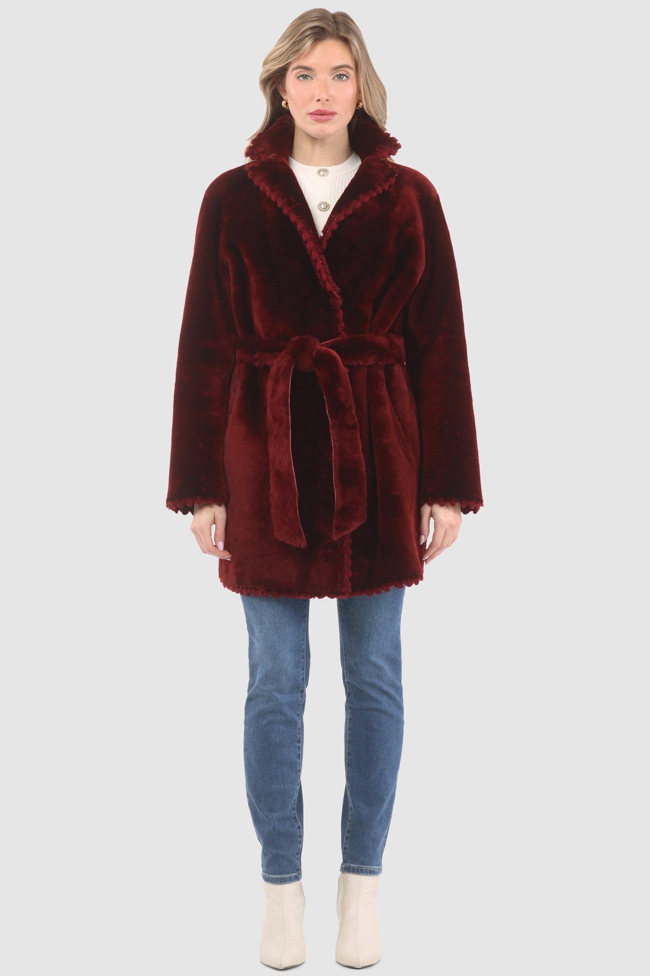 Reversible Shearling Lamb Jacket With Embroiderd Trim, Belt | Women | Wine x Wine