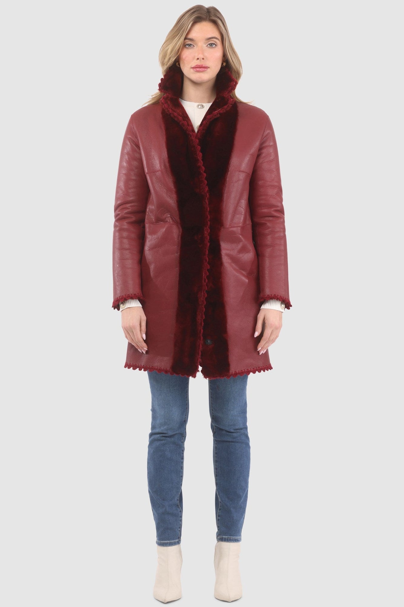 Reversible Shearling Lamb Jacket With Embroiderd Trim, Belt | Women | Wine x Wine