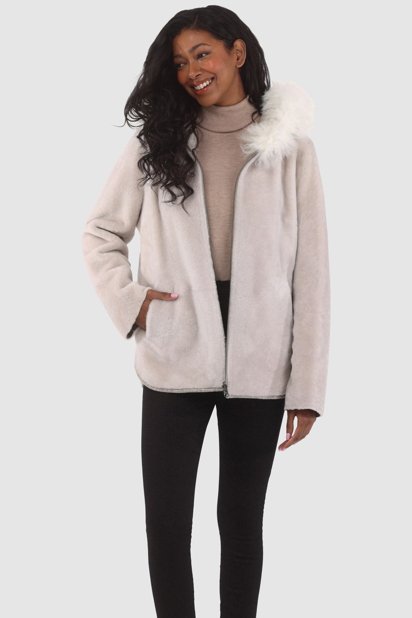 Reversible Shearling Lamb Zip Parka | Women | Beige x White