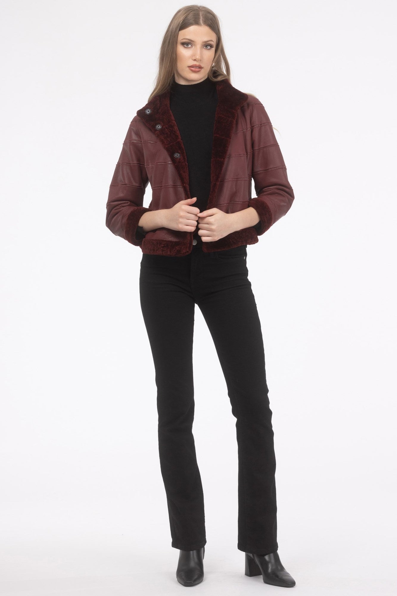 Reversible Tetured Shearling Lamb Jacket With Cropped Sleeves | Women | Wine x Wine