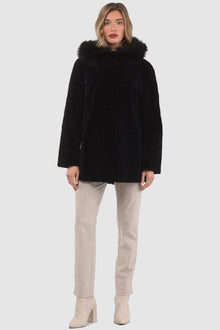 Reversible Tetured Shearling Lamb Parka With Merinillo Shearling Lamb Hood Trim | Women | Black x Black