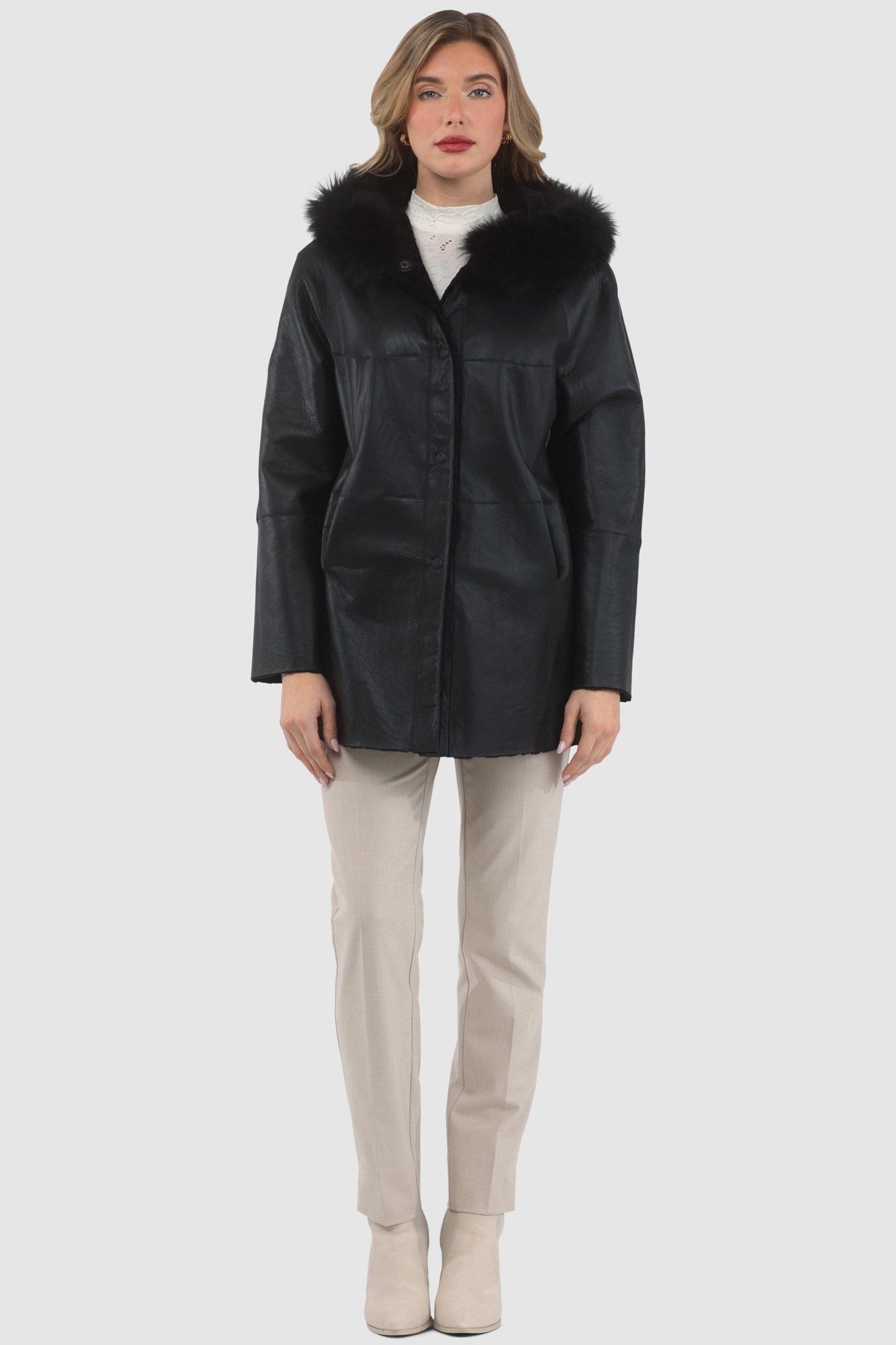 Reversible Tetured Shearling Lamb Parka With Merinillo Shearling Lamb Hood Trim | Women | Black x Black