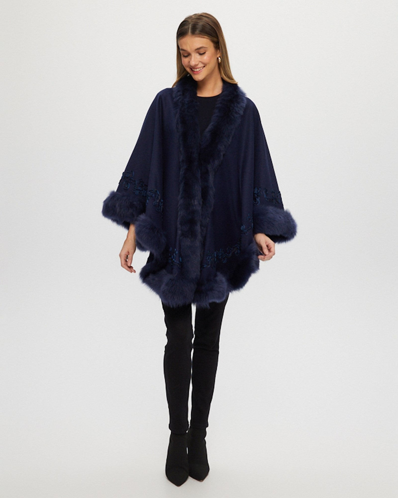 Select Cashmere & Wool Cape With Toscana Shearling Lamb Trim And Ribbon Embroidery | Women | Navy