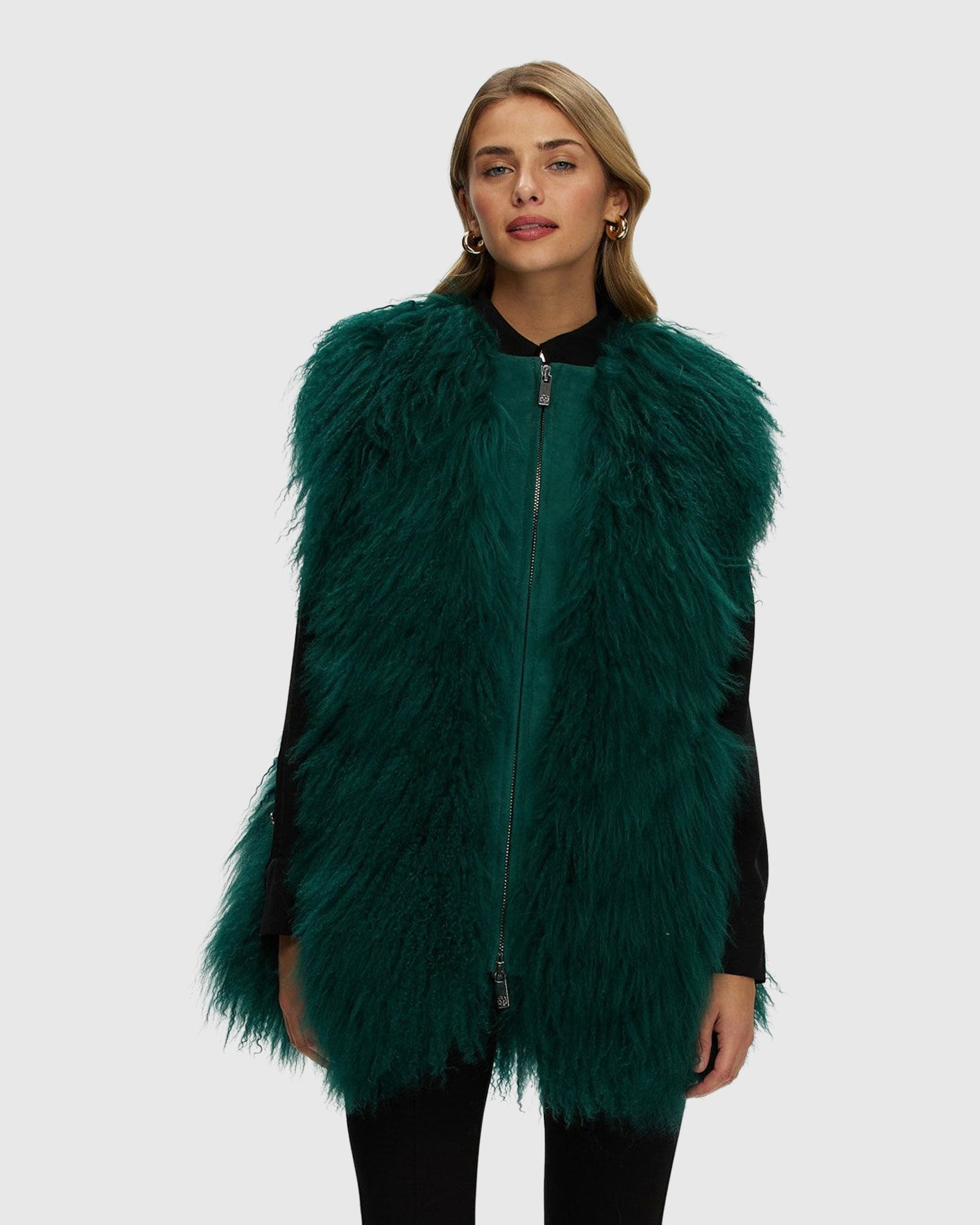 Select Mongolian Goat Zip Vest | Forest Green