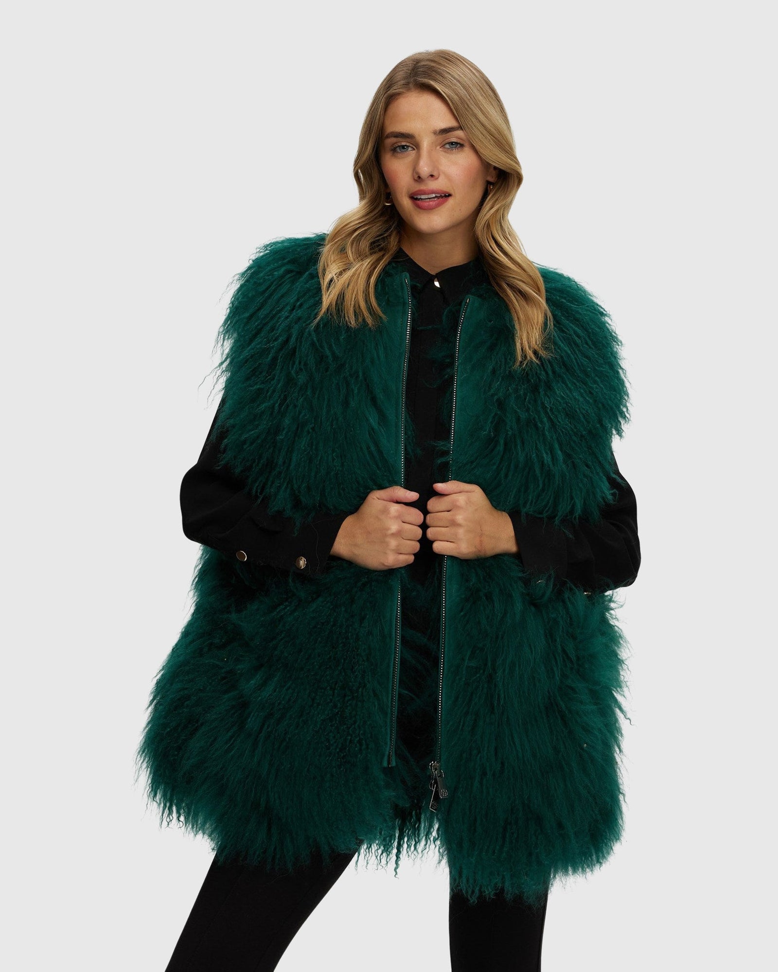 Select Mongolian Goat Zip Vest | Forest Green