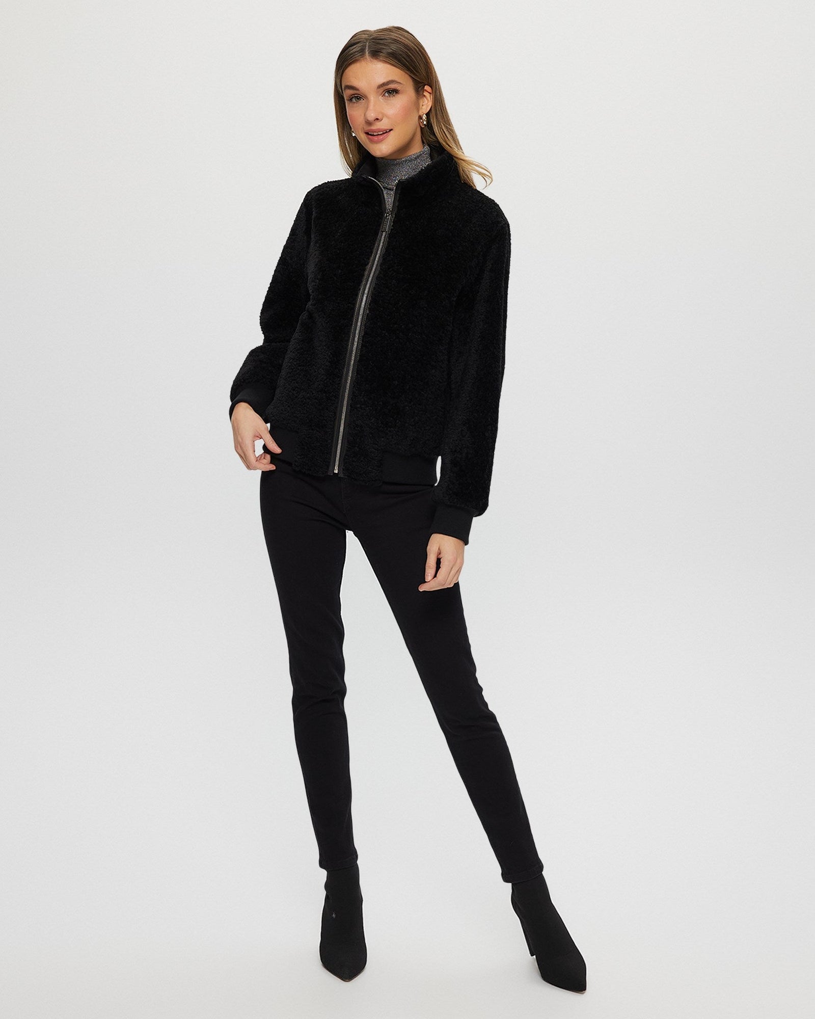 Select Shearling Lamb Bomber Jacket With Leather Trim | Women | Black