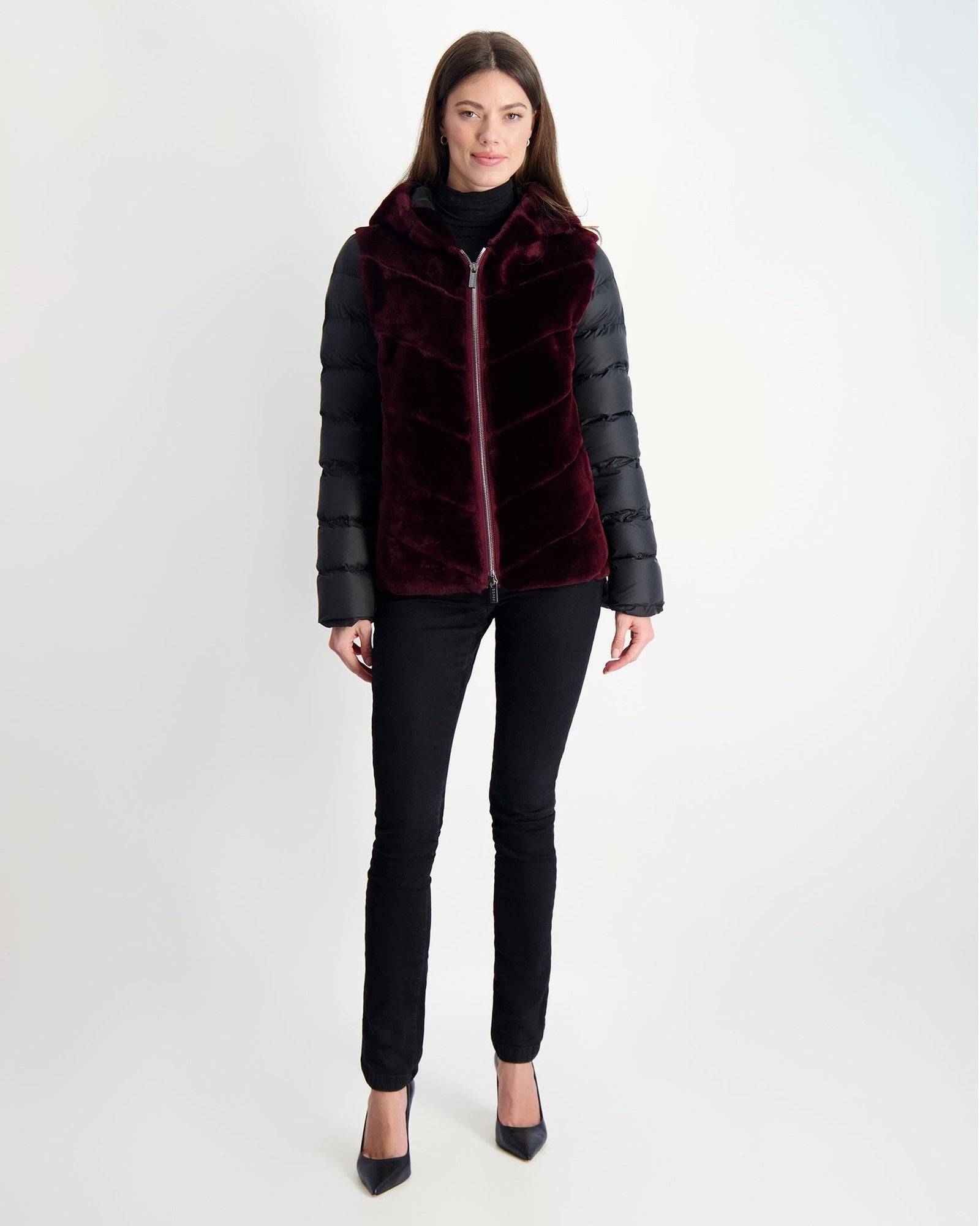 Select Shearling Lamb Chevron Parka With Quilted Sleeves And Back | Women | Burgundy x Black