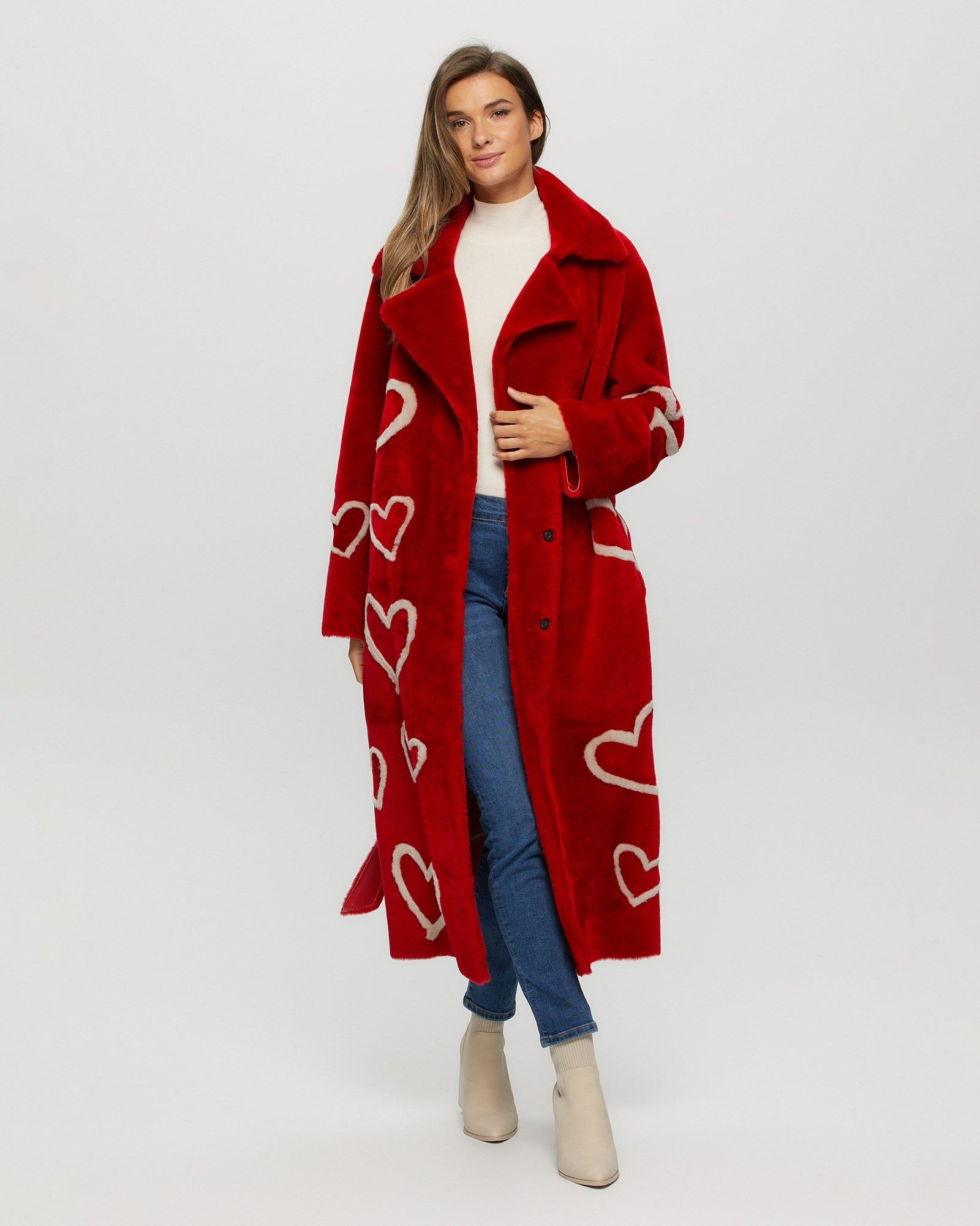 Select Shearling Lamb Coat With Heart Intarsia | Women | Red x Beige