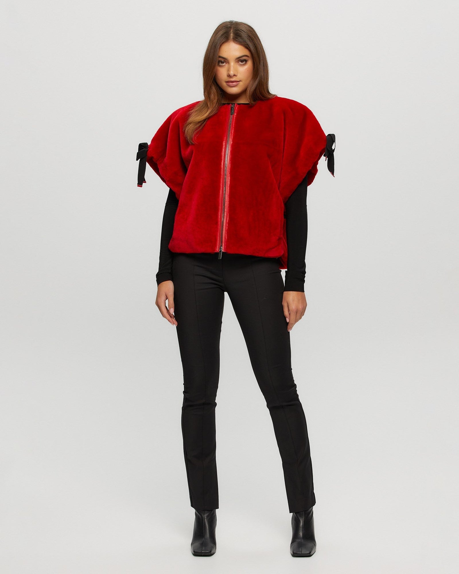 Select Shearling Lamb Collarless Short Sleeve Jacket | Women | Red