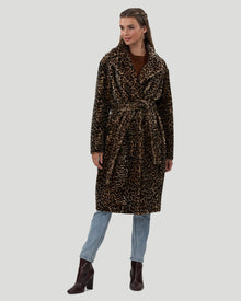 Select Shearling Lamb Short Coat With Notch Collar And Belt | Women | Mini Leopard