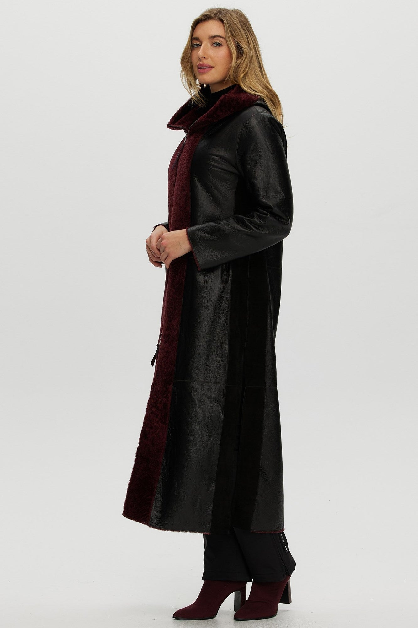 Select Shearling Lamb Zip Parka With Belt | Women | Burgundy x Black