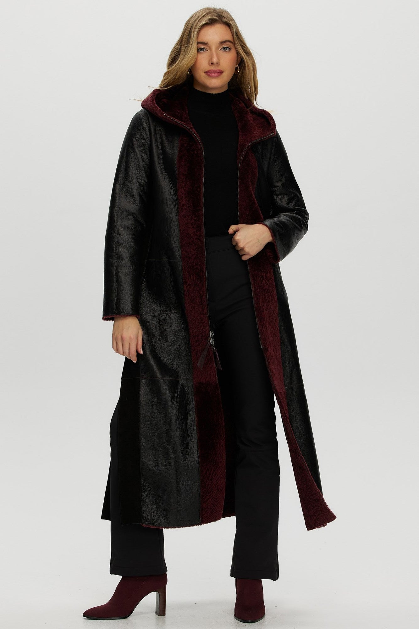 Select Shearling Lamb Zip Parka With Belt | Women | Burgundy x Black