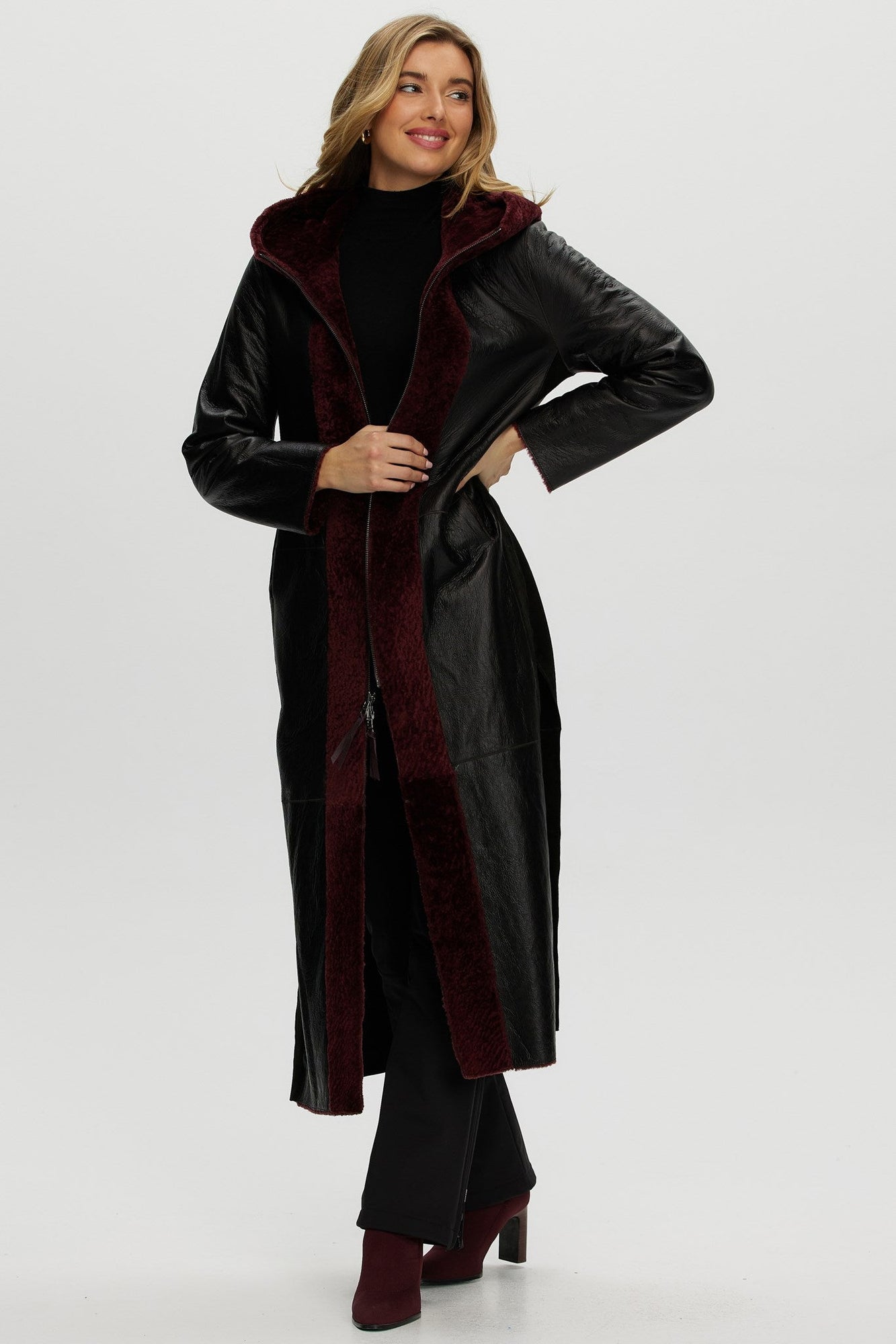 Select Shearling Lamb Zip Parka With Belt | Women | Burgundy x Black