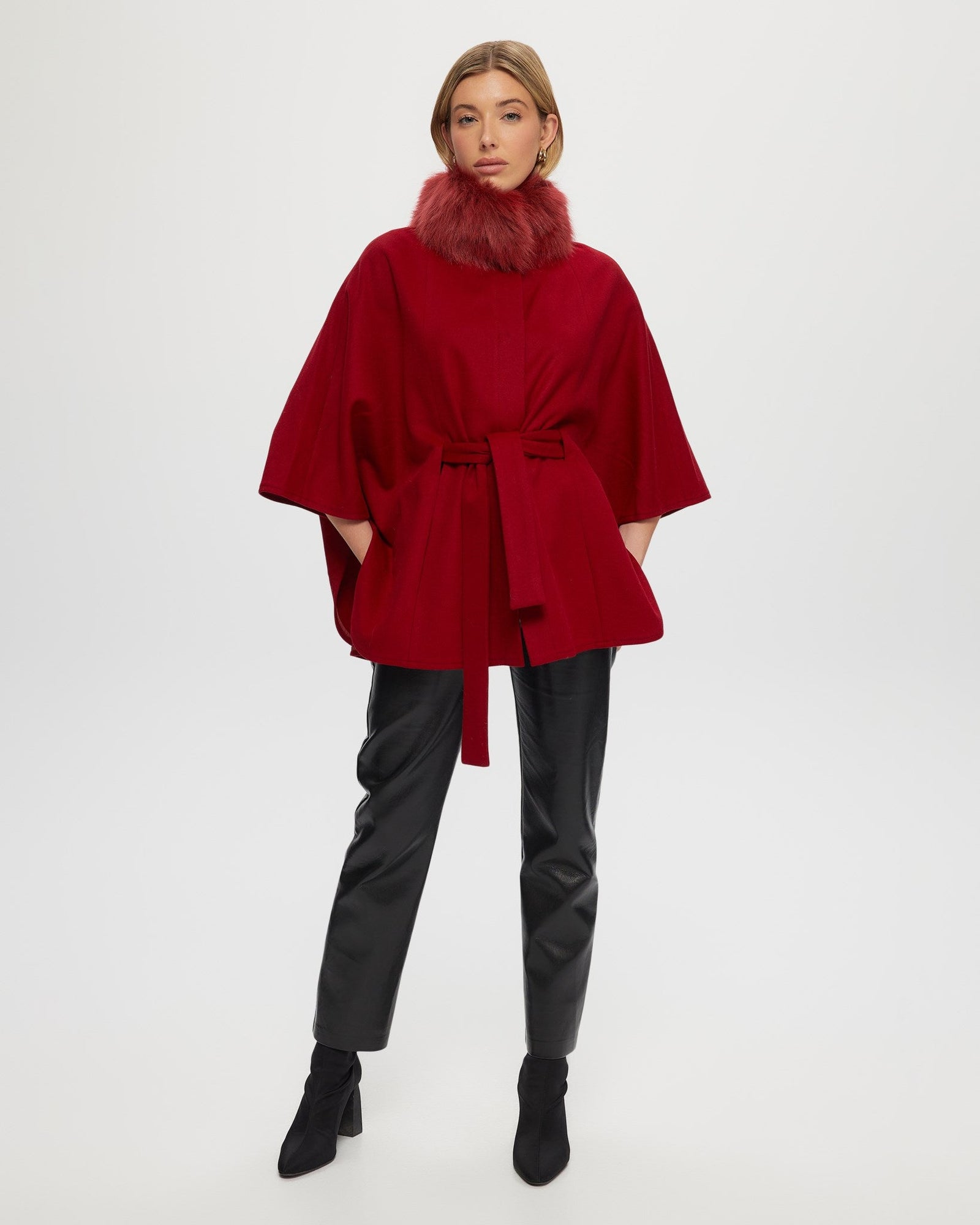 Select Wool Belted Cape With Toscana Shearling Lamb Collar | Women | Wine