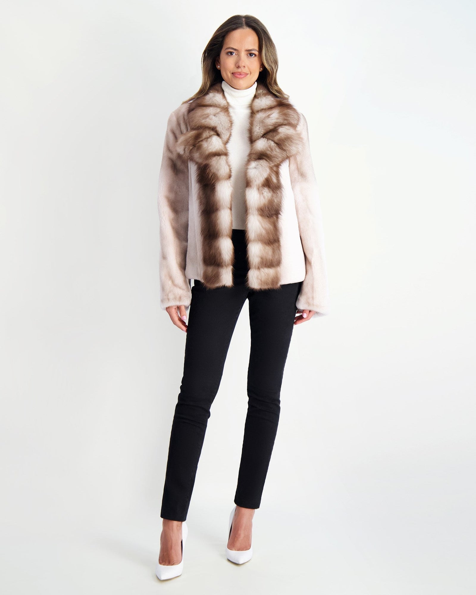 Semi Sheared Mink Jacket With Stone Marten Collar & Trim | Women | Silver Blue x White