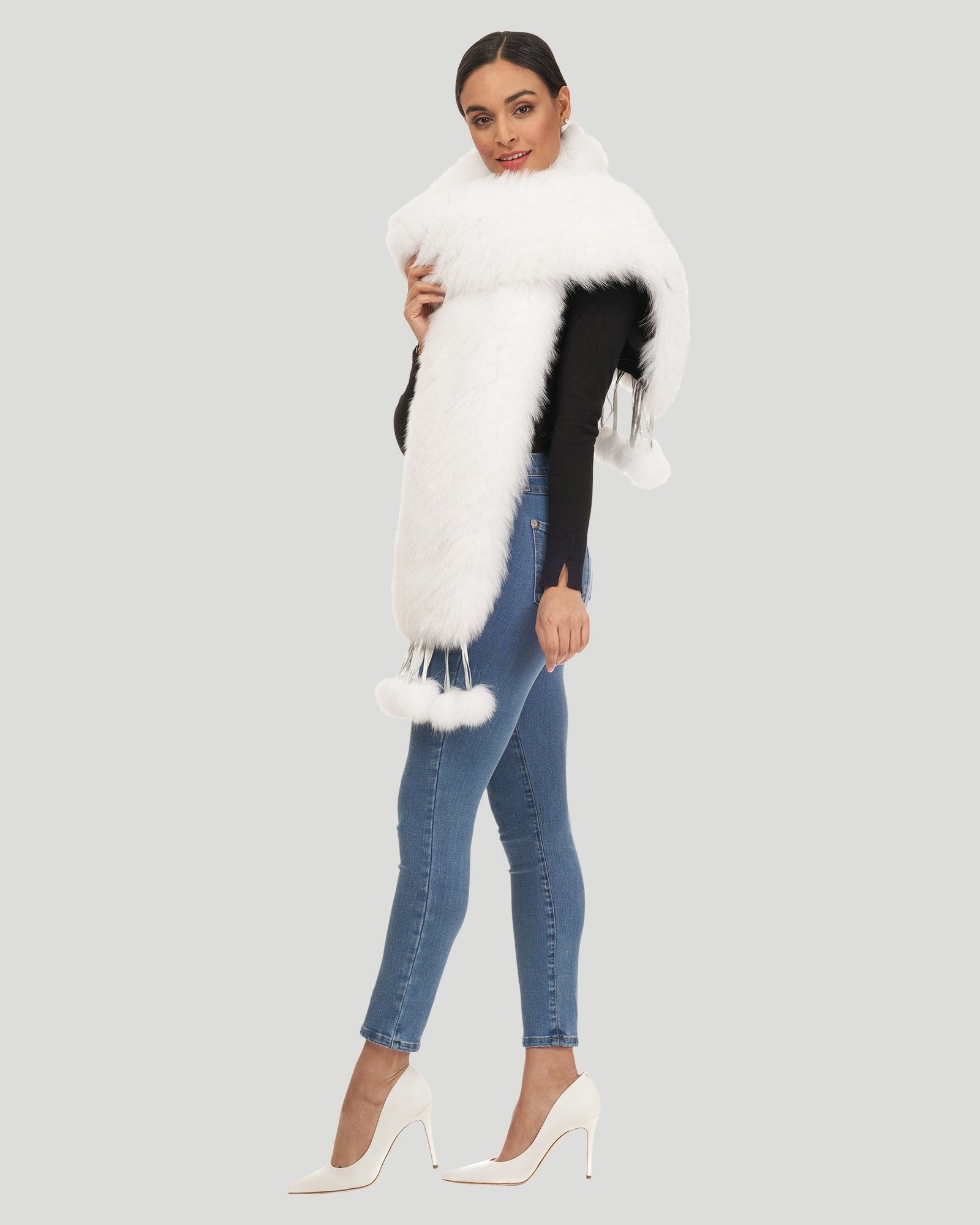 Shadow Fox Boa With Detachable Leather Fringes And Tips | Women | White