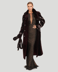 Sheared Mink Coat With Intarsia Sleeves And Belt | Women | Burgundy x Blue Iris