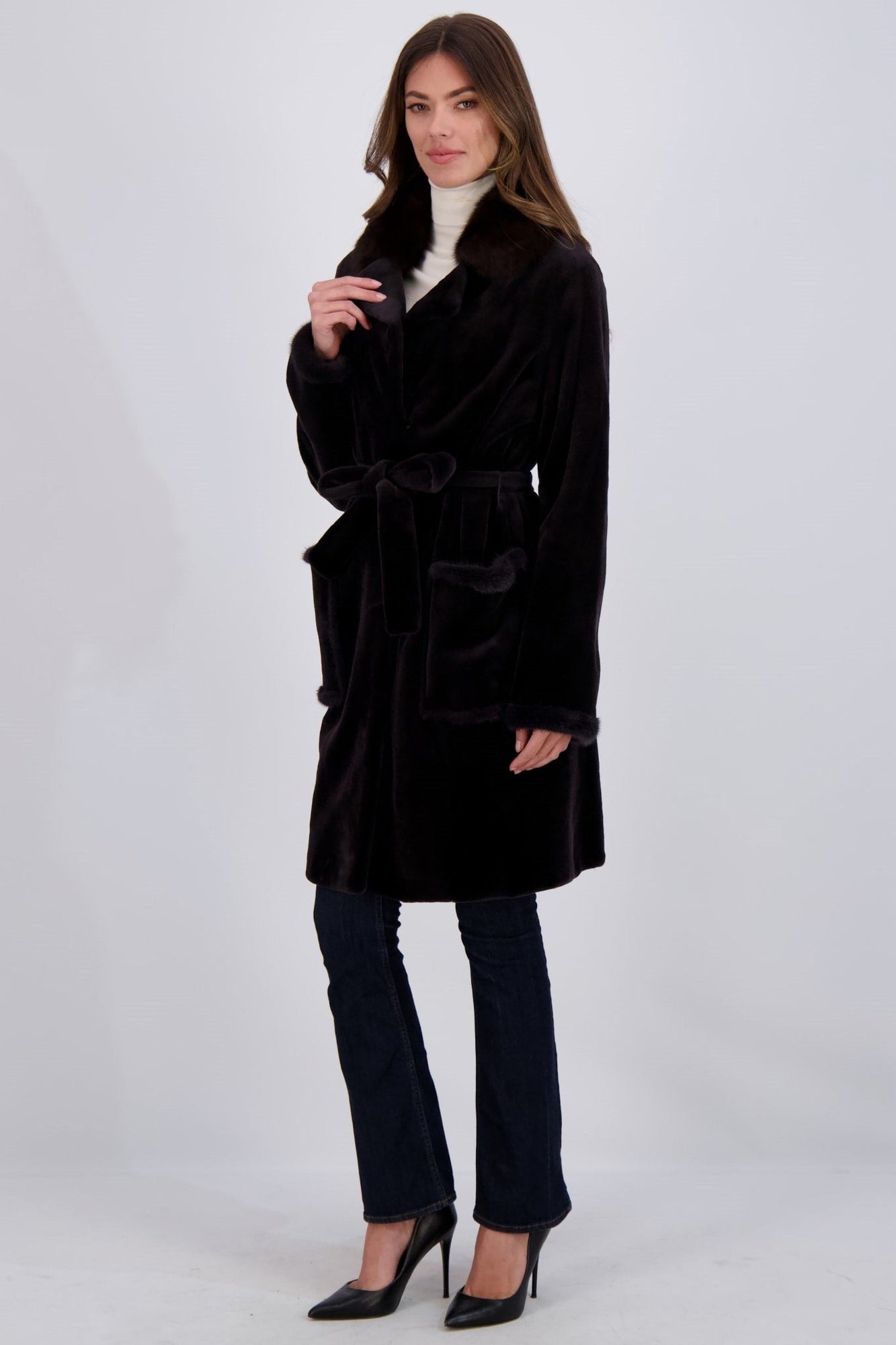 Sheared Mink Short Coat With Sable Collar, Belt | Women | Dark Gray