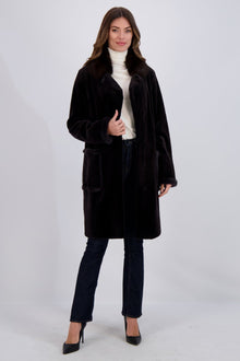 Sheared Mink Short Coat With Sable Collar, Belt | Women | Dark Gray