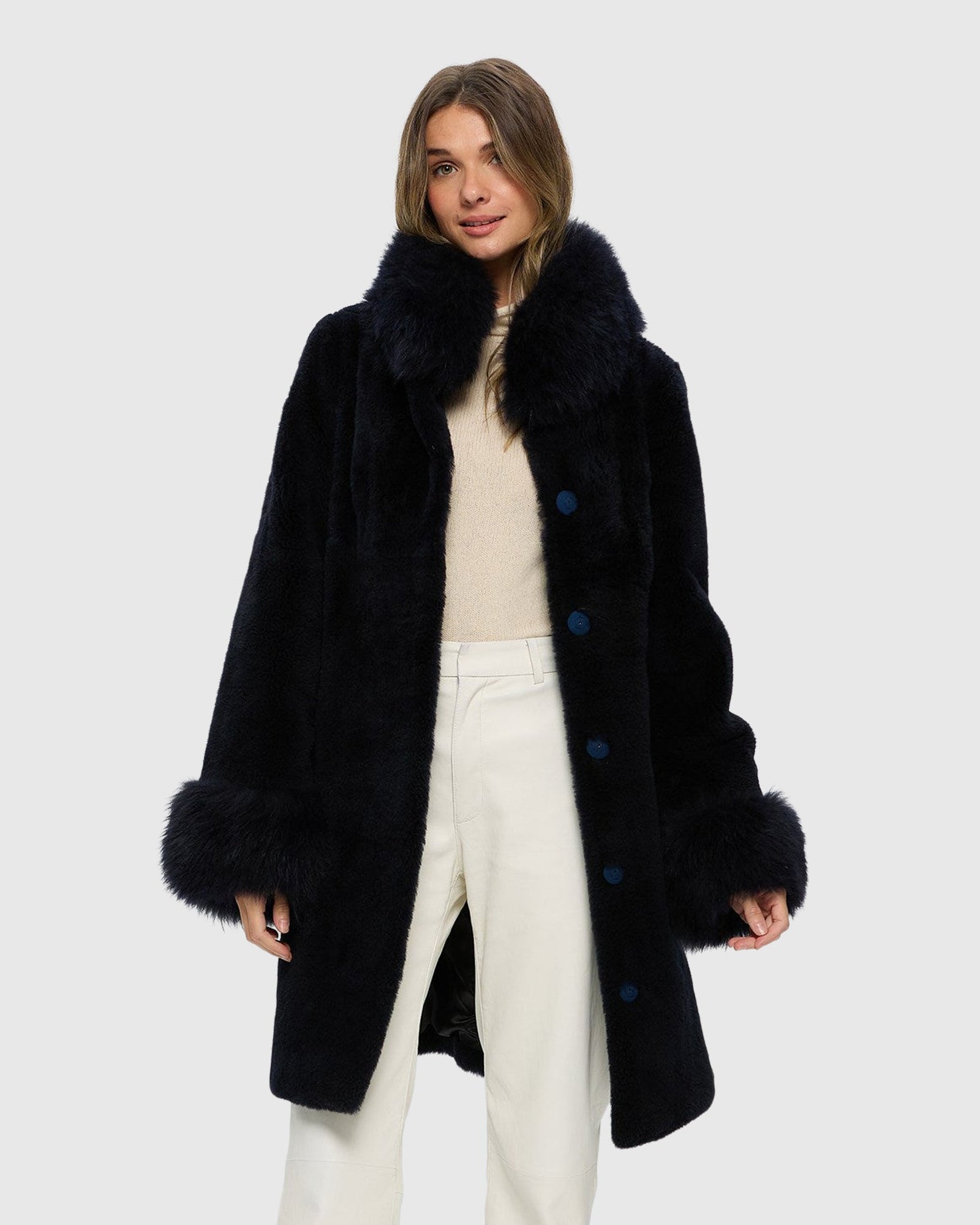 Sheared Select Cashmere Goat Jacket With Select Cashmere Goat Collar & Cuffs | Dark Blue