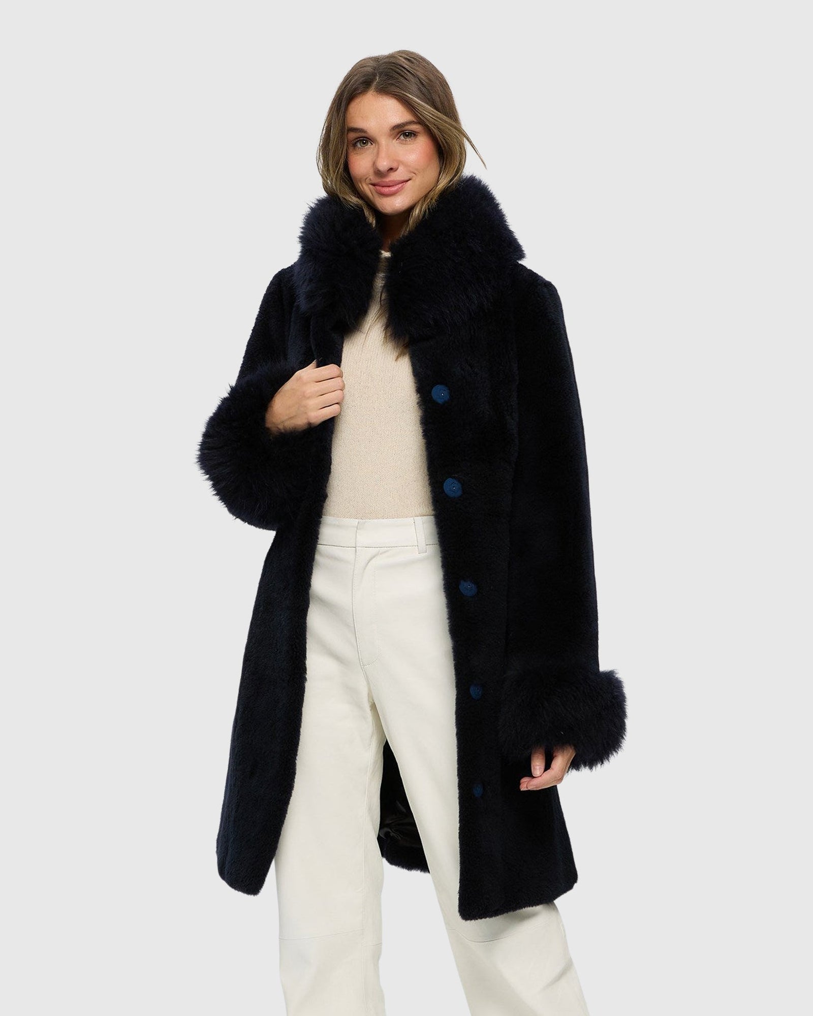 Sheared Select Cashmere Goat Jacket With Select Cashmere Goat Collar & Cuffs | Dark Blue