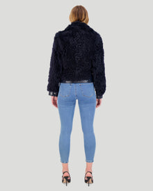 Shearling Lamb Bomber Jacket With Patent Leather Trim | Women | Navy