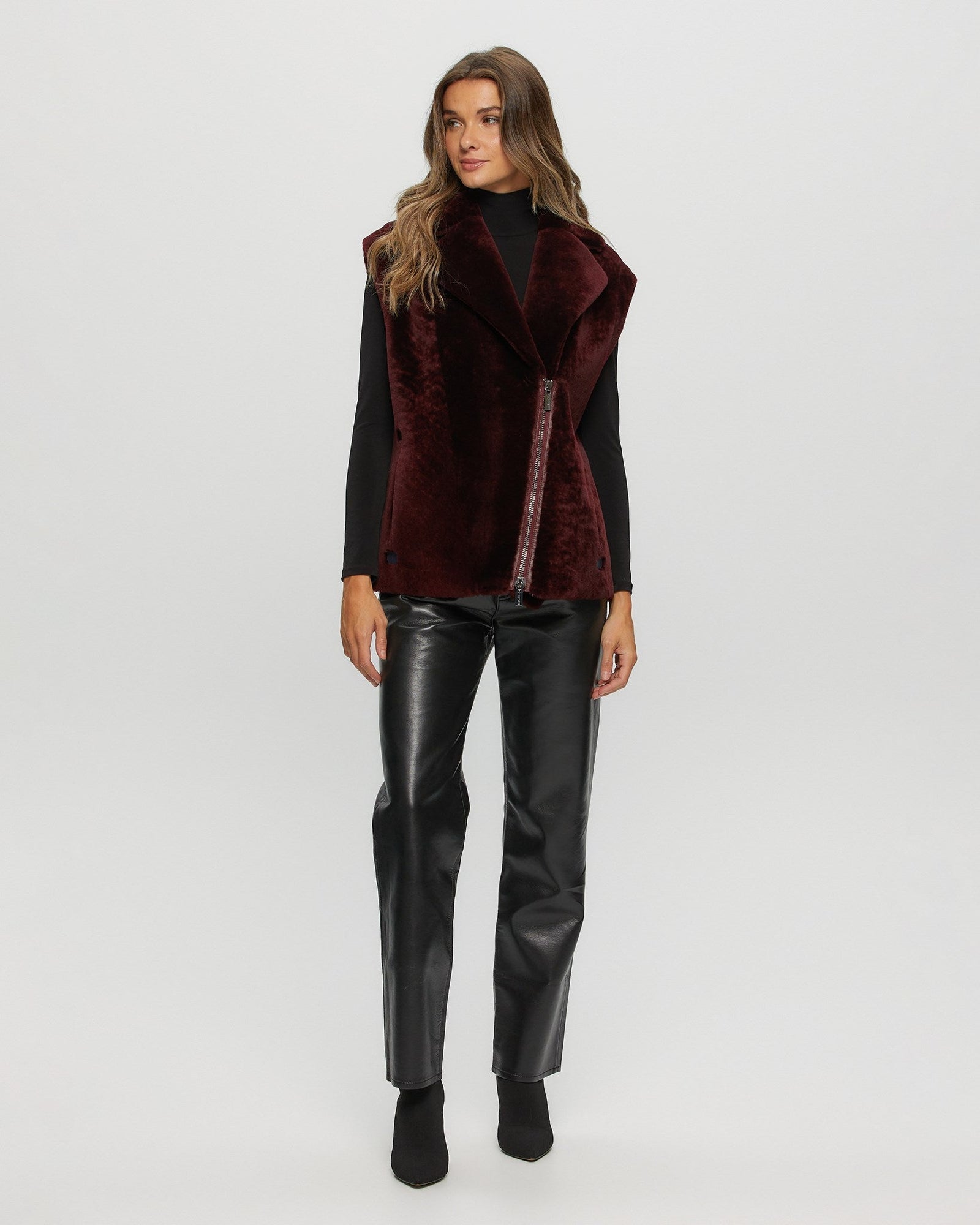 Shearling Lamb Zip Vest | Women | Burgundy