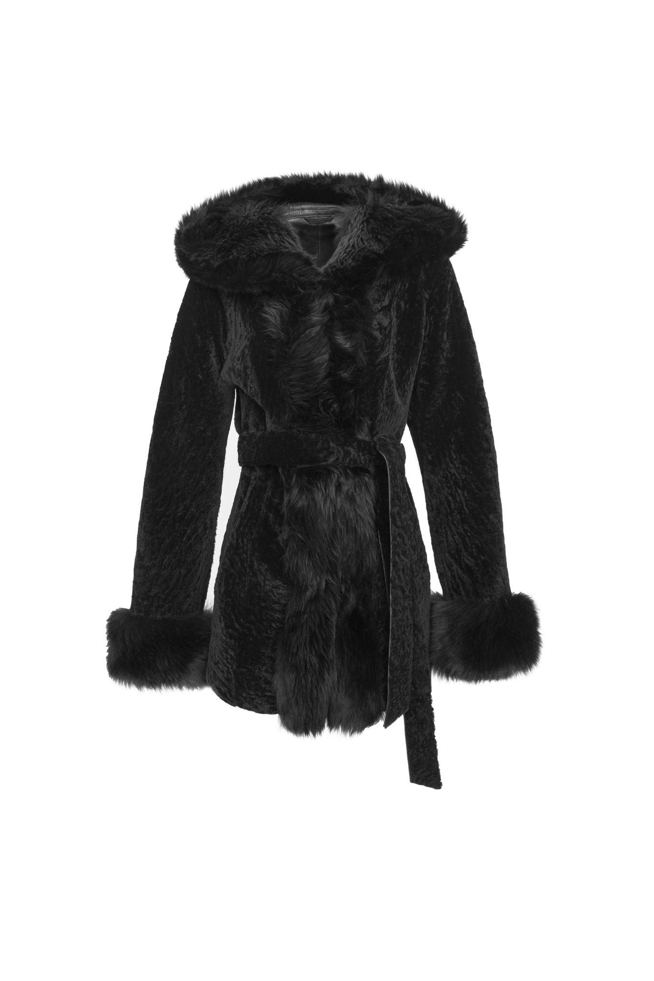 Tetured Shearling Lamb Reversible Parka With Merinillo Shearling Lamb Hood Trim, Tuedo, Cuffs & Belt | Women | Black x Black