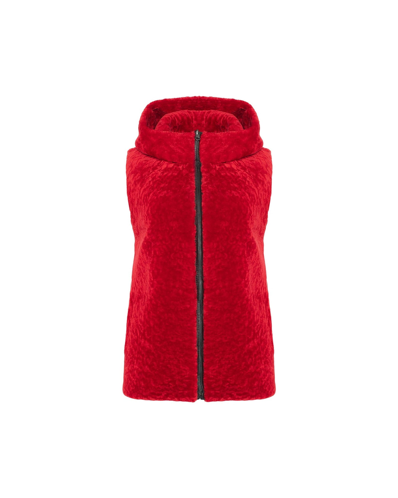 Tetu Shearling Lamb Zip Vest Hooded Reversible To Taffeta | Women | Red x Black