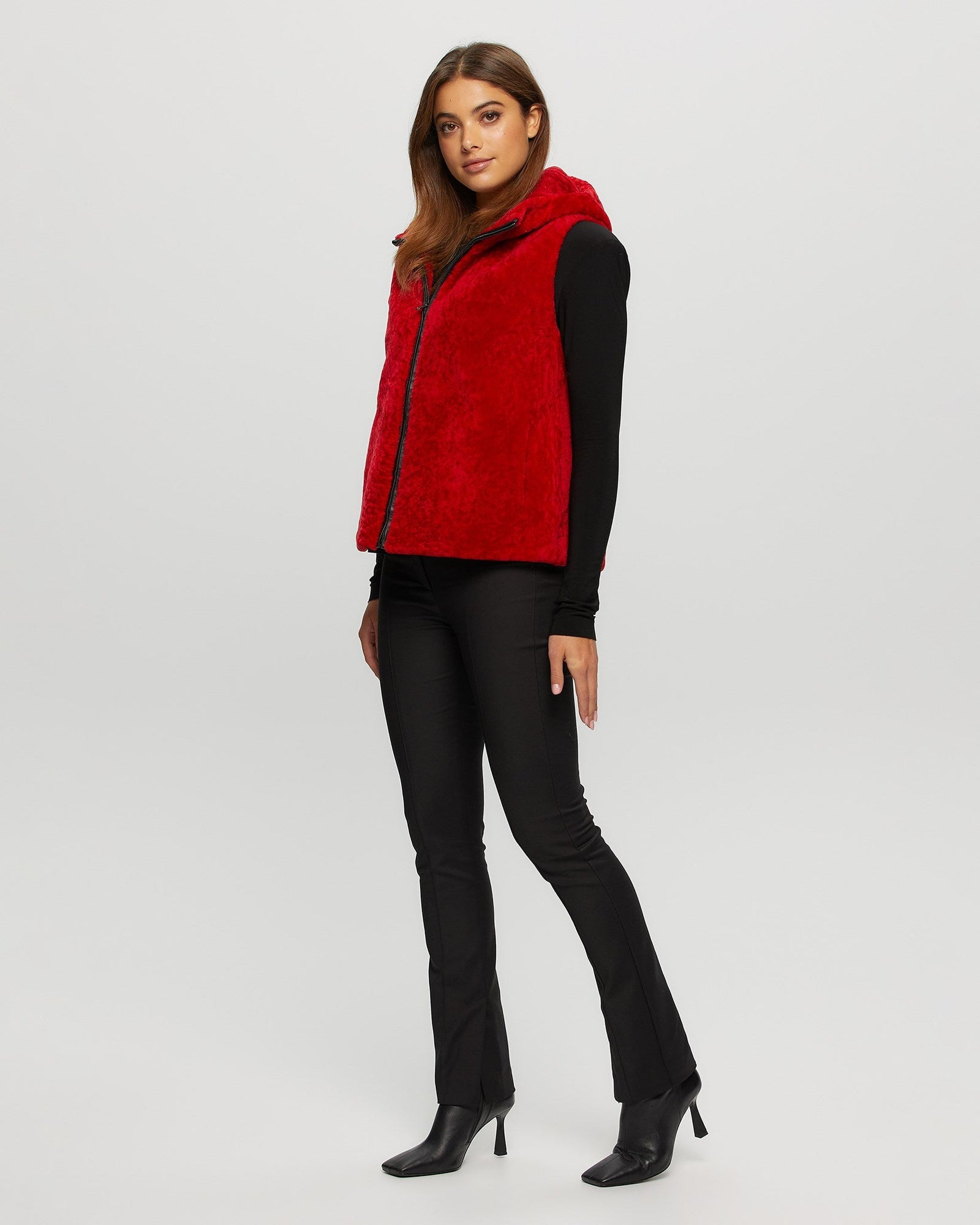 Tetu Shearling Lamb Zip Vest Hooded Reversible To Taffeta | Women | Red x Black