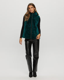 Tetured Shearling Lamb Zip Vest Hooded Reversible To Taffeta | Women | Emerald x Black