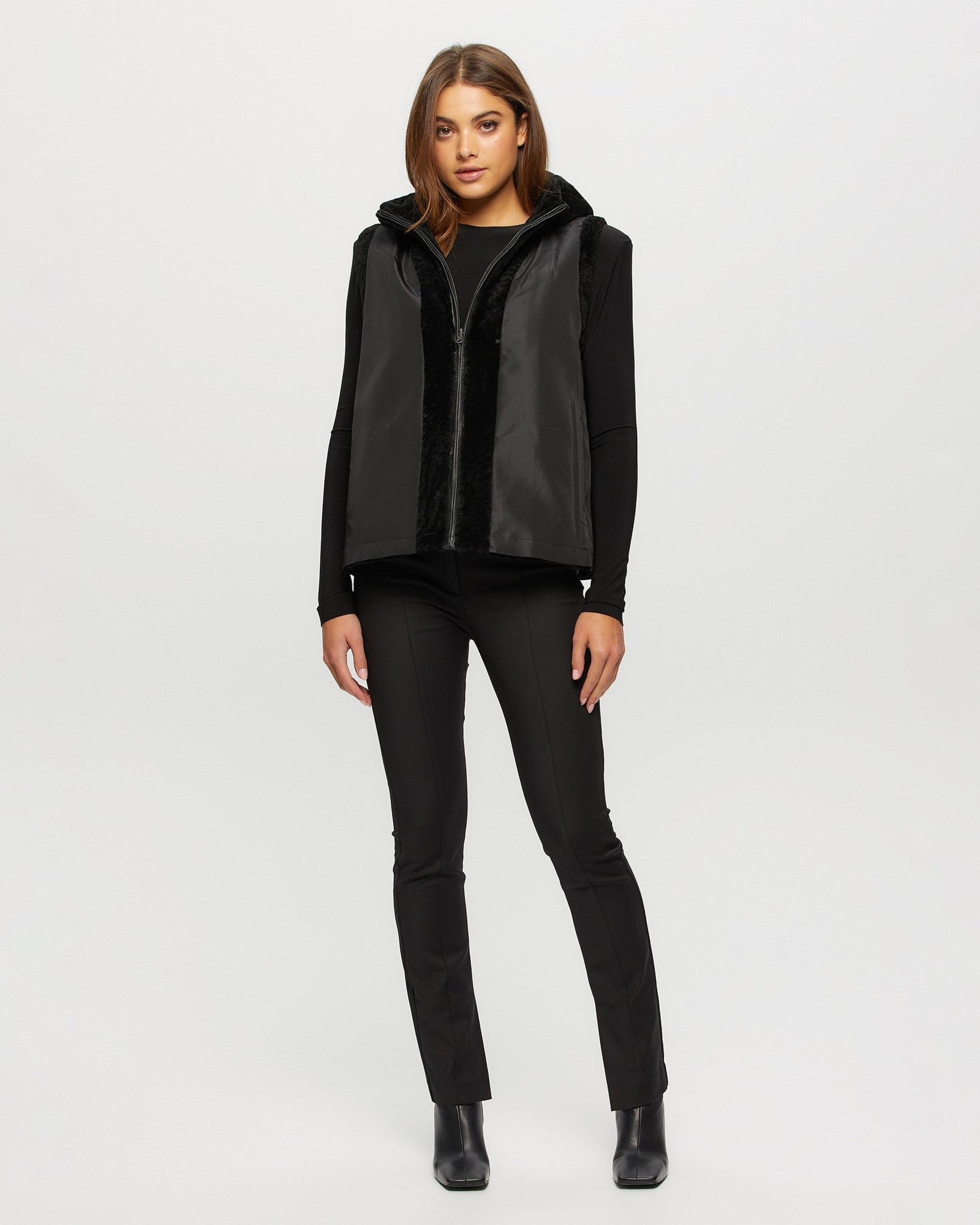 Tetured Shearling Lamb Zip Vest Hooded Reversible To Taffeta | Women | Black x Black