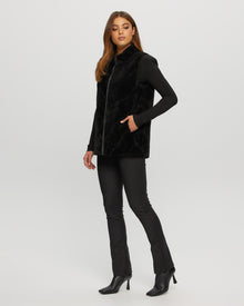 Tetured Shearling Lamb Zip Vest Reversible To Taffeta | Women | Black x Black