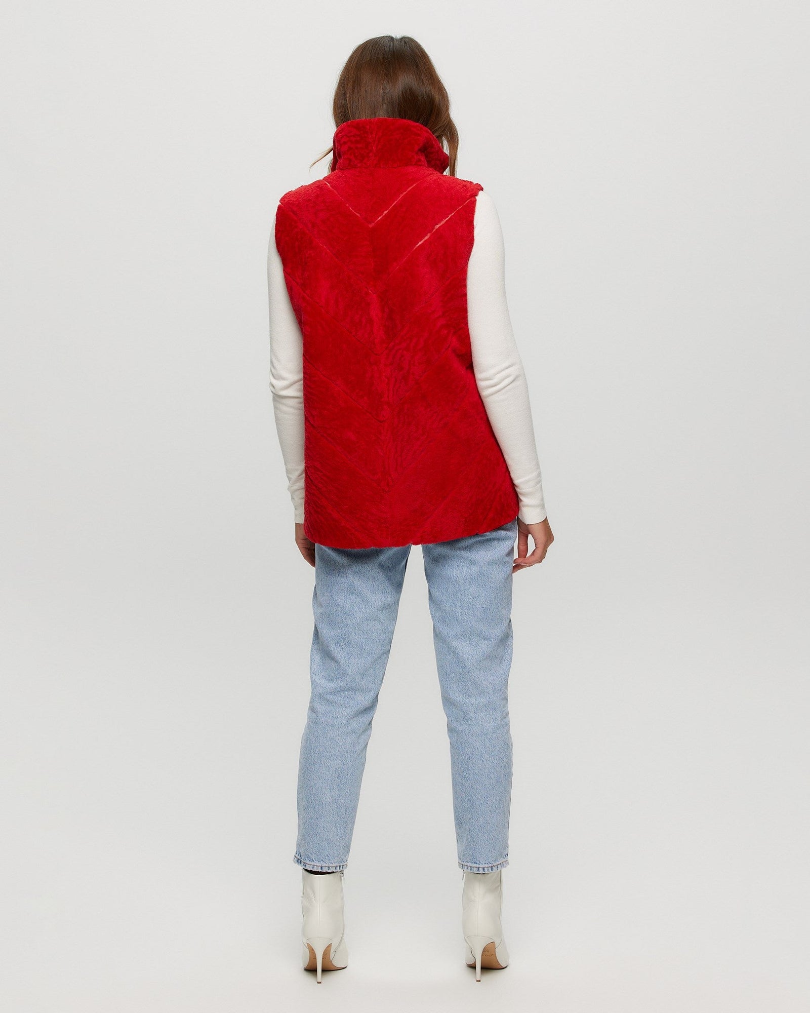 Tetu Shearling Lamb Zip Vest Reversible To Taffeta | Women | Red x Black