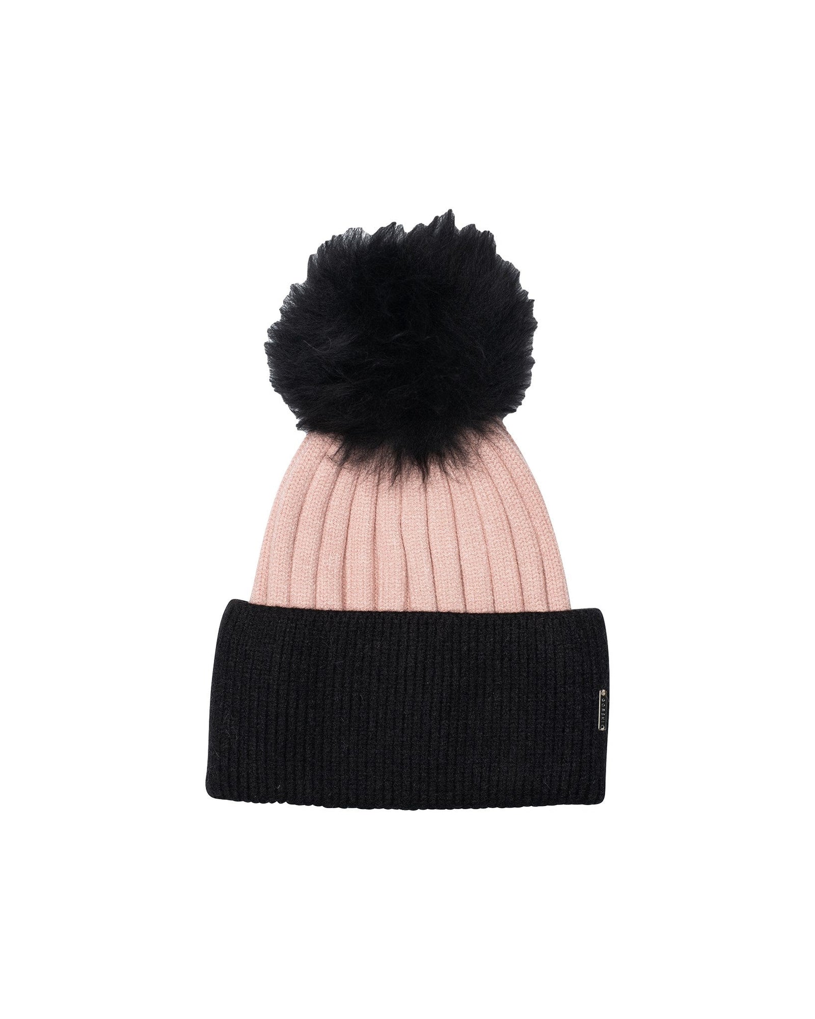 Two-Tone Knit Hat With Toscana Shearling Lamb Pompom | Women | Black x Pink x Black