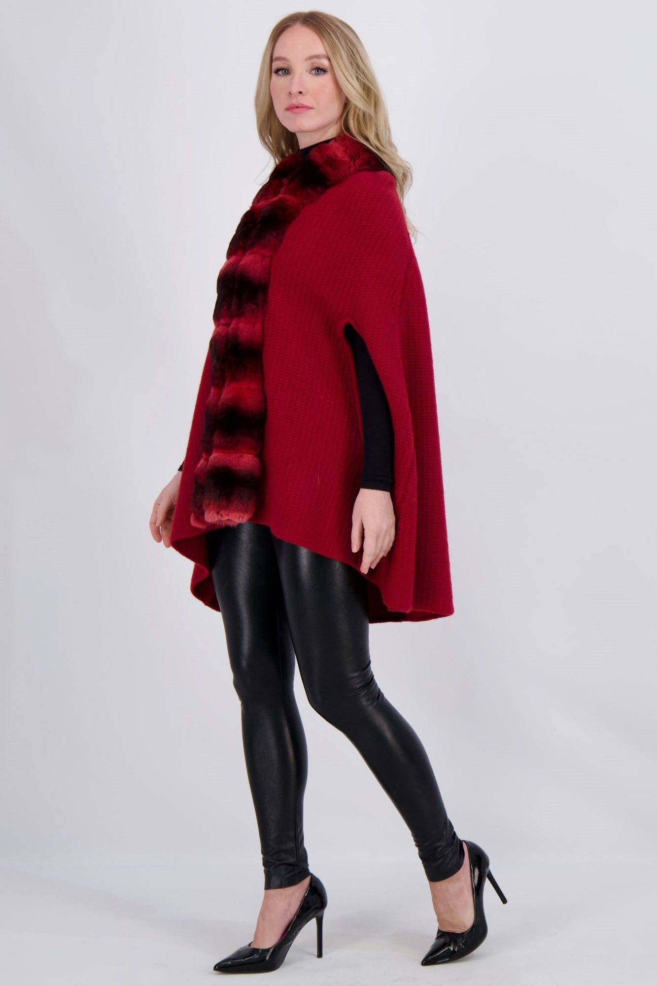 Wool And Cashmere Cape With Chinchilla Tuxedo Collar | Women | Red