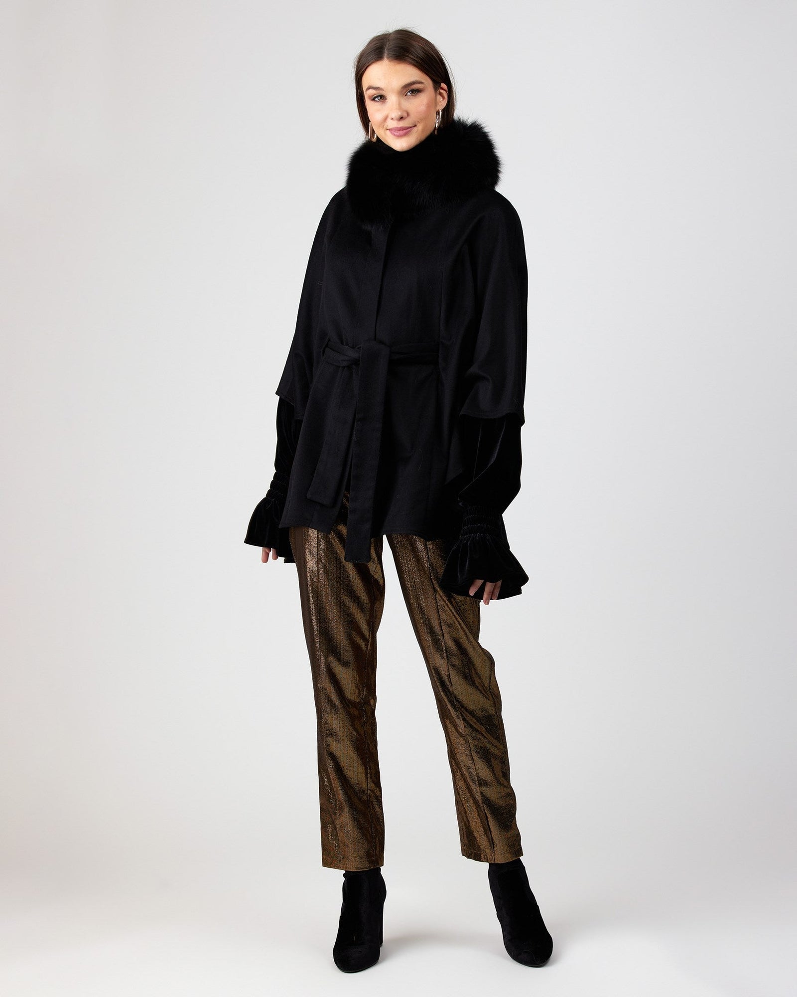 Wool Belted Cape With Fox Collar | Women | Black