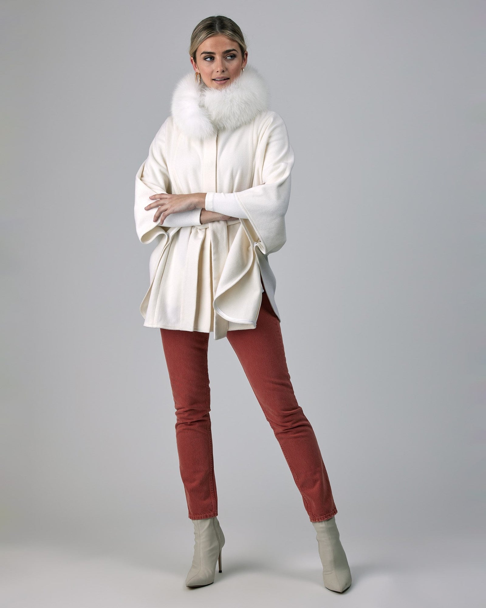 Wool Belted Cape With Shadow Fox Collar | Women | Ivory