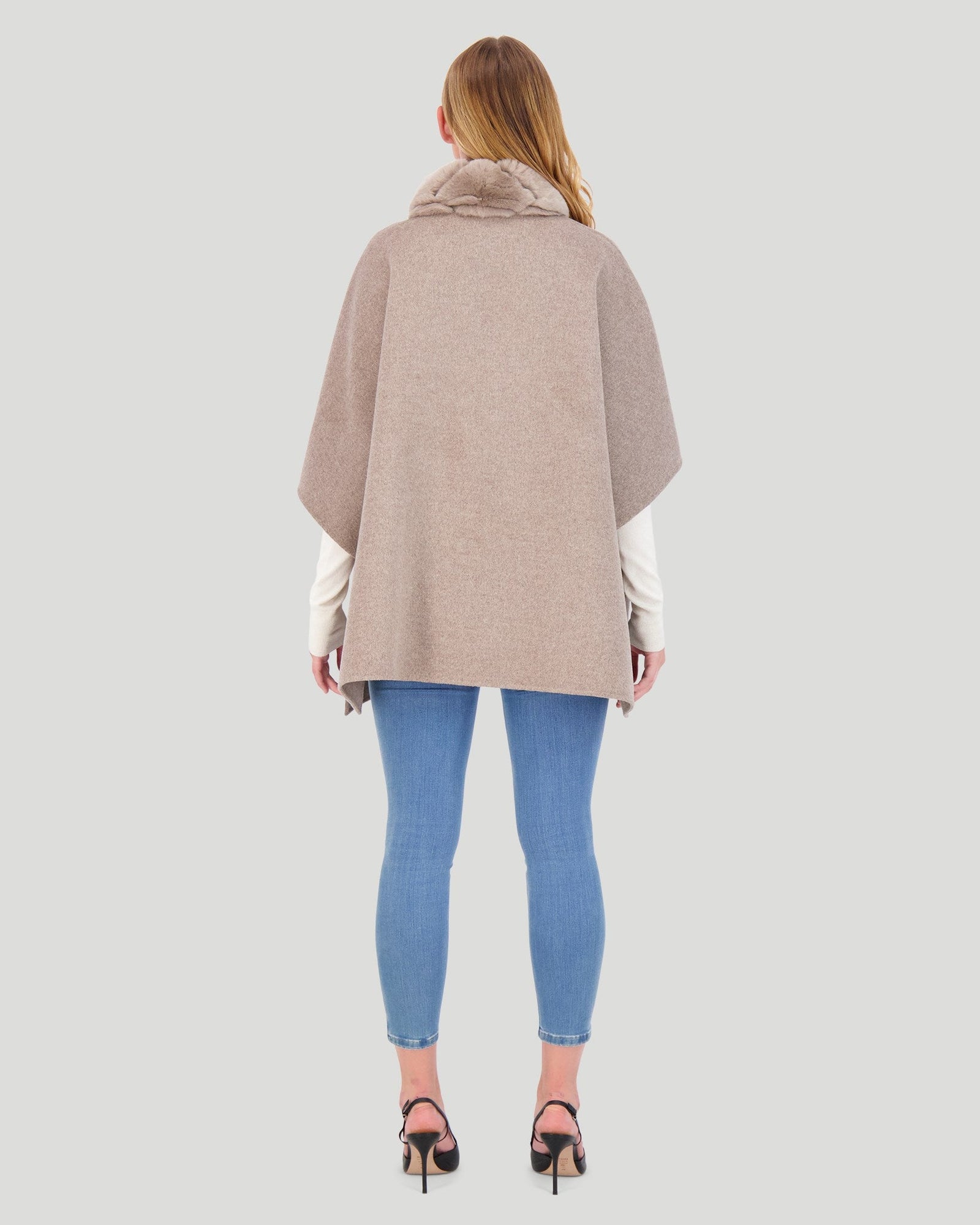 Wool Cape With Chevron Rex Rabbit Trim | Women | Taupe