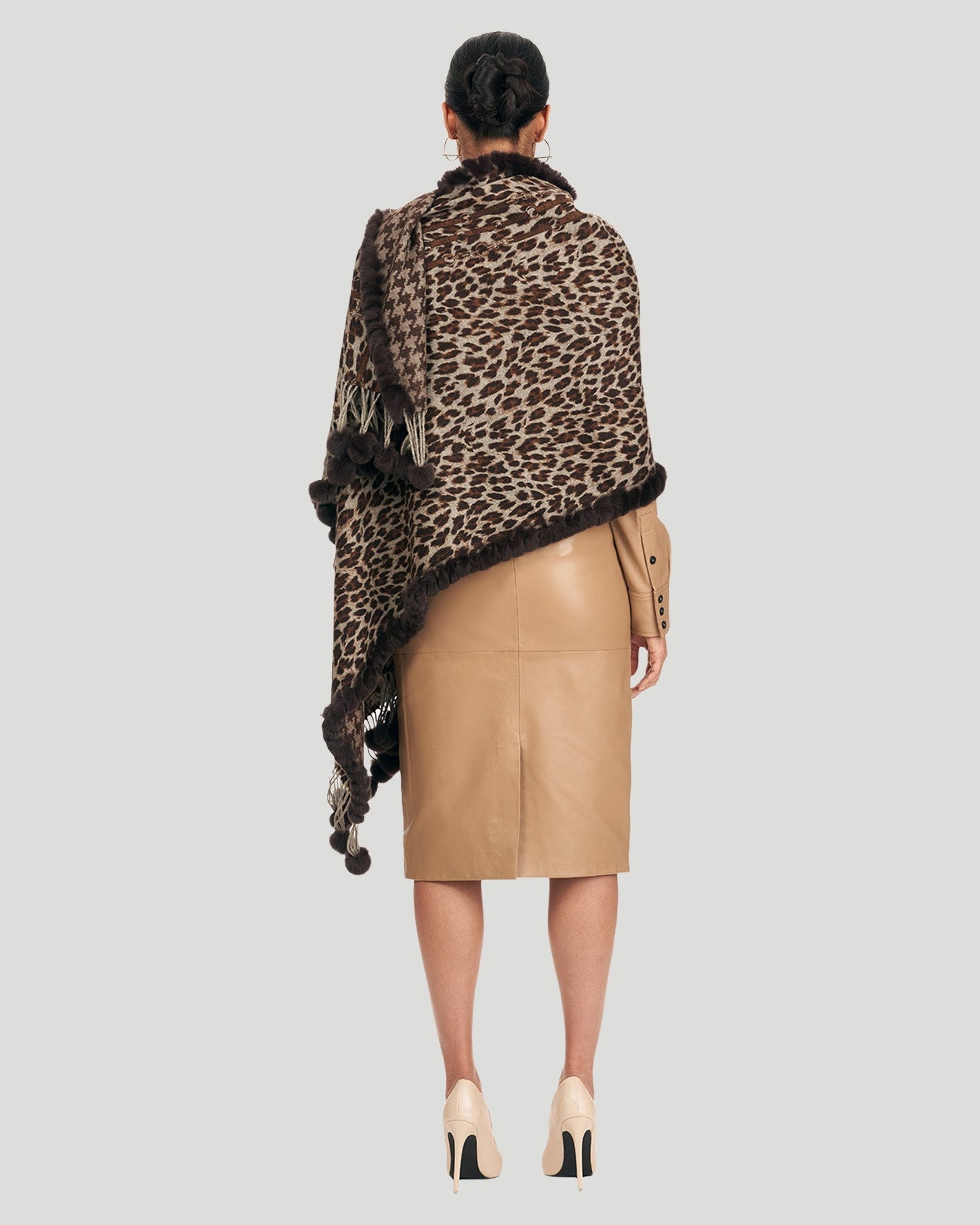 Wool Stole With Re Rabbit Fur | Women | Brown Animal Print x Houndstooth