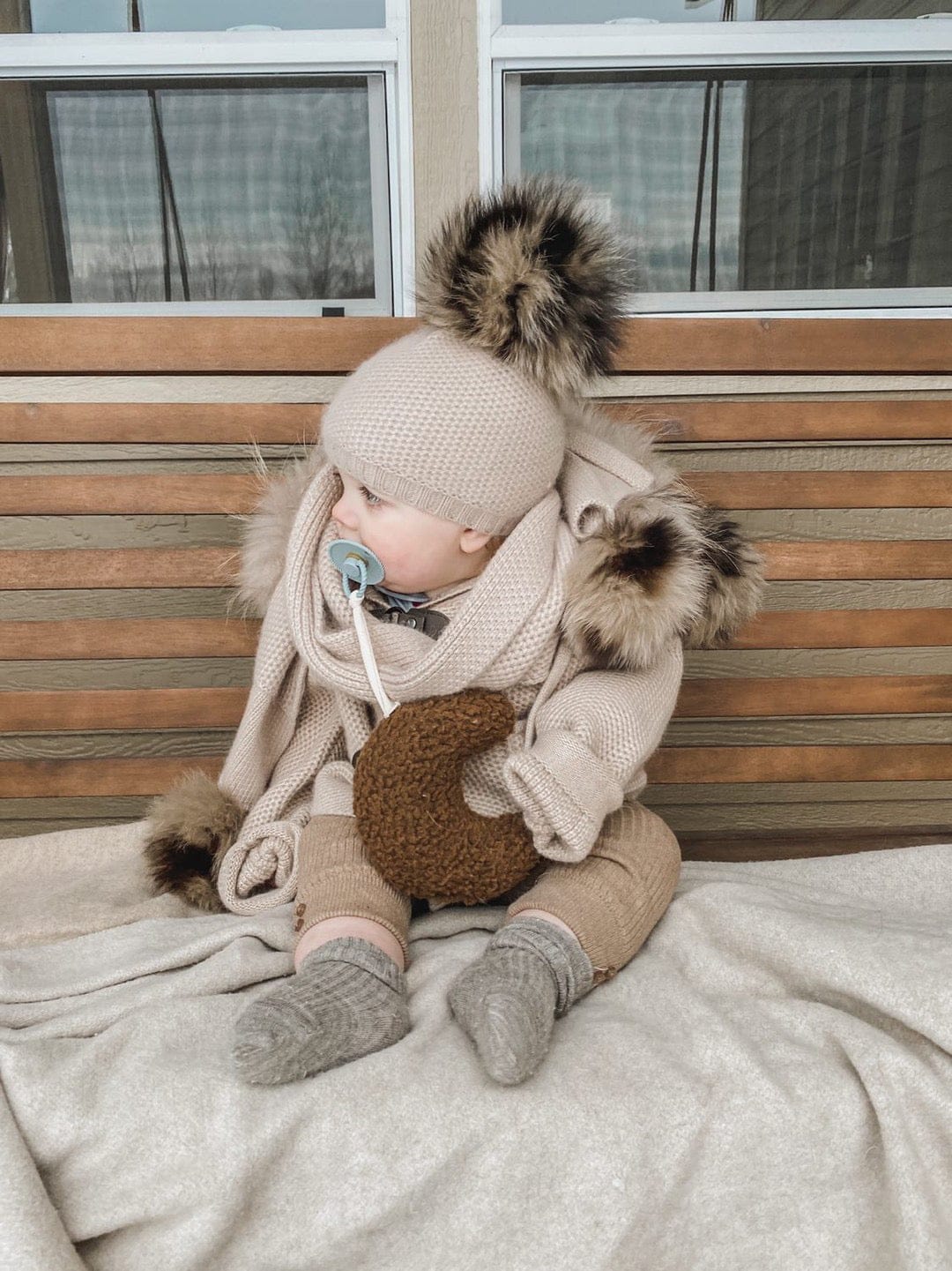 Honeycomb Beige Cashmere Beanie with Animal Print Poms - Petite Maison Kids