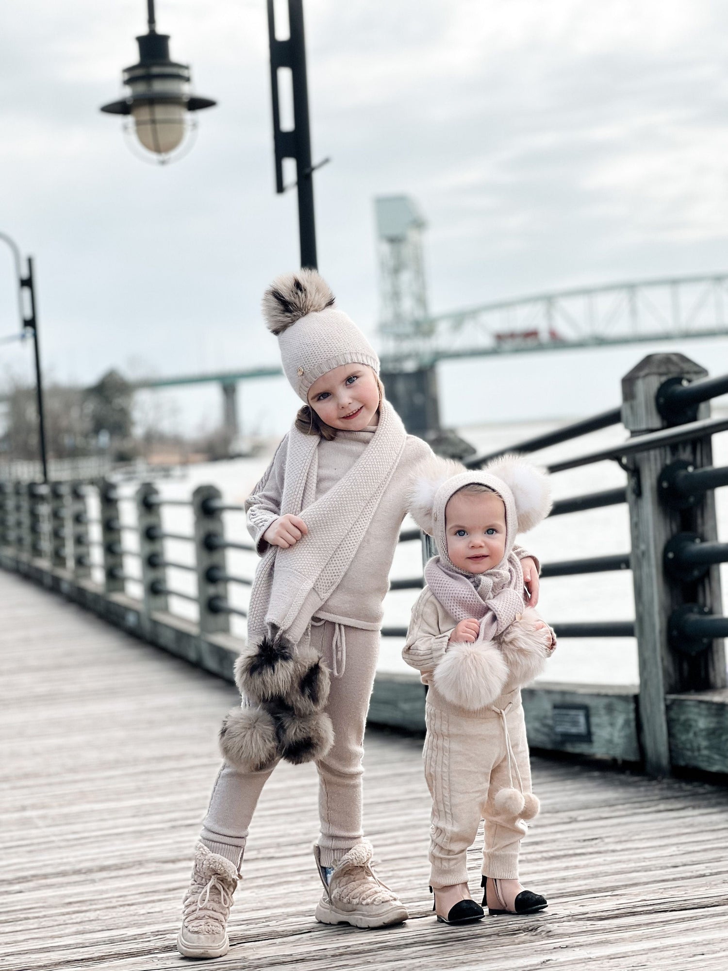 Honeycomb Beige Cashmere Beanie with Animal Print Poms - Petite Maison Kids