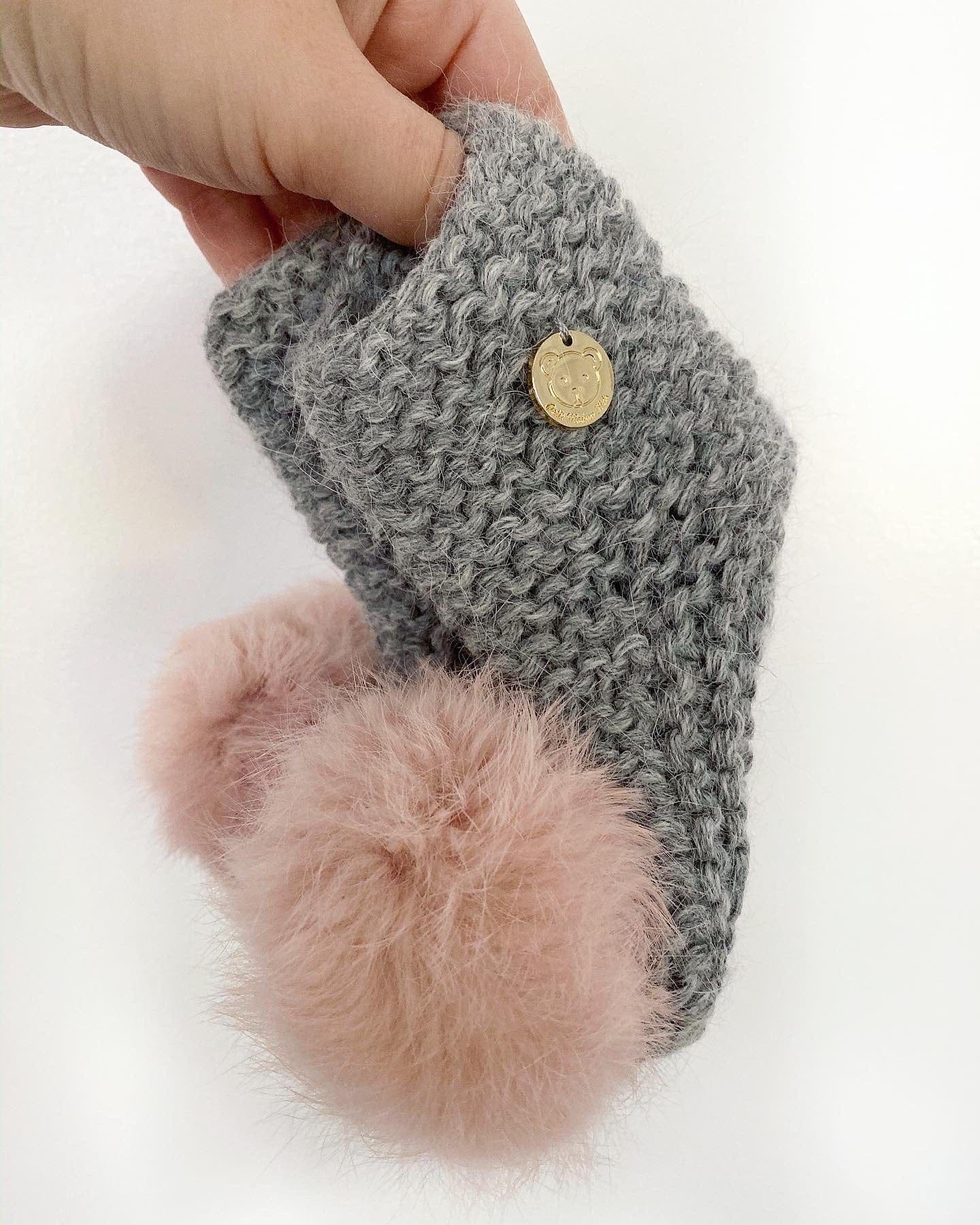 Angora Pom Pom Booties With Pink Pom | Grey