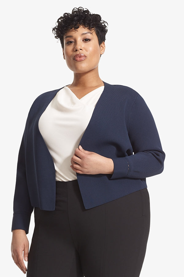 front image of a woman wearing the sant ambroeus jardigan in navy | Exclude