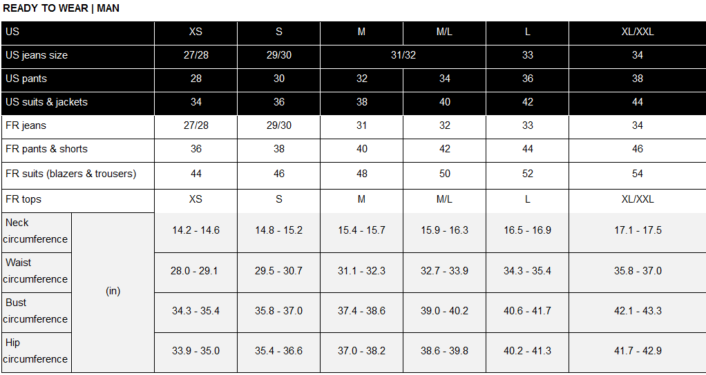 Product size guide